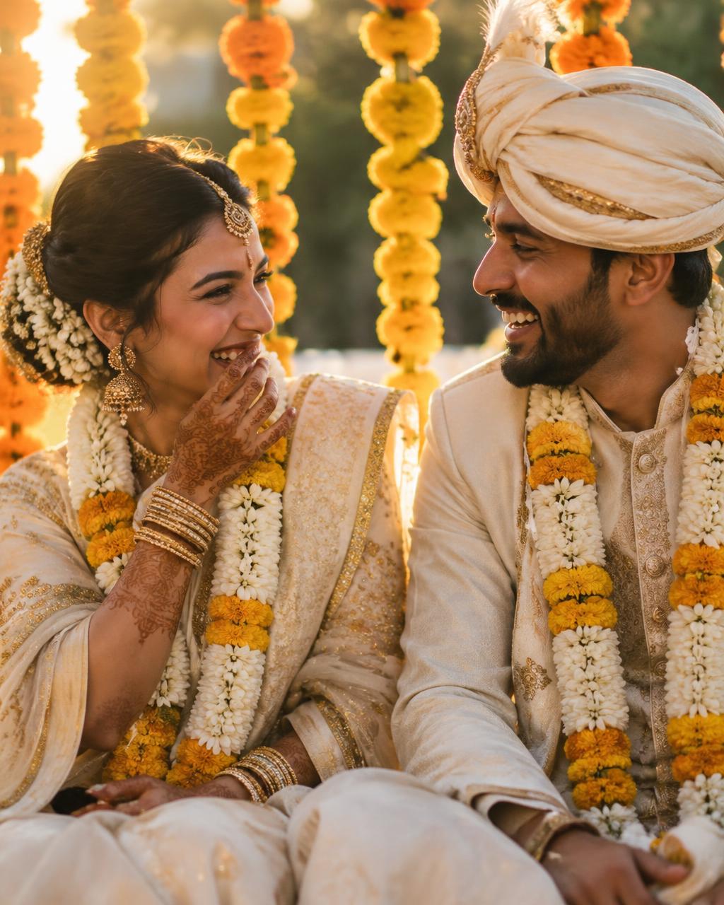Bride and groom laughing together under marigold garlands