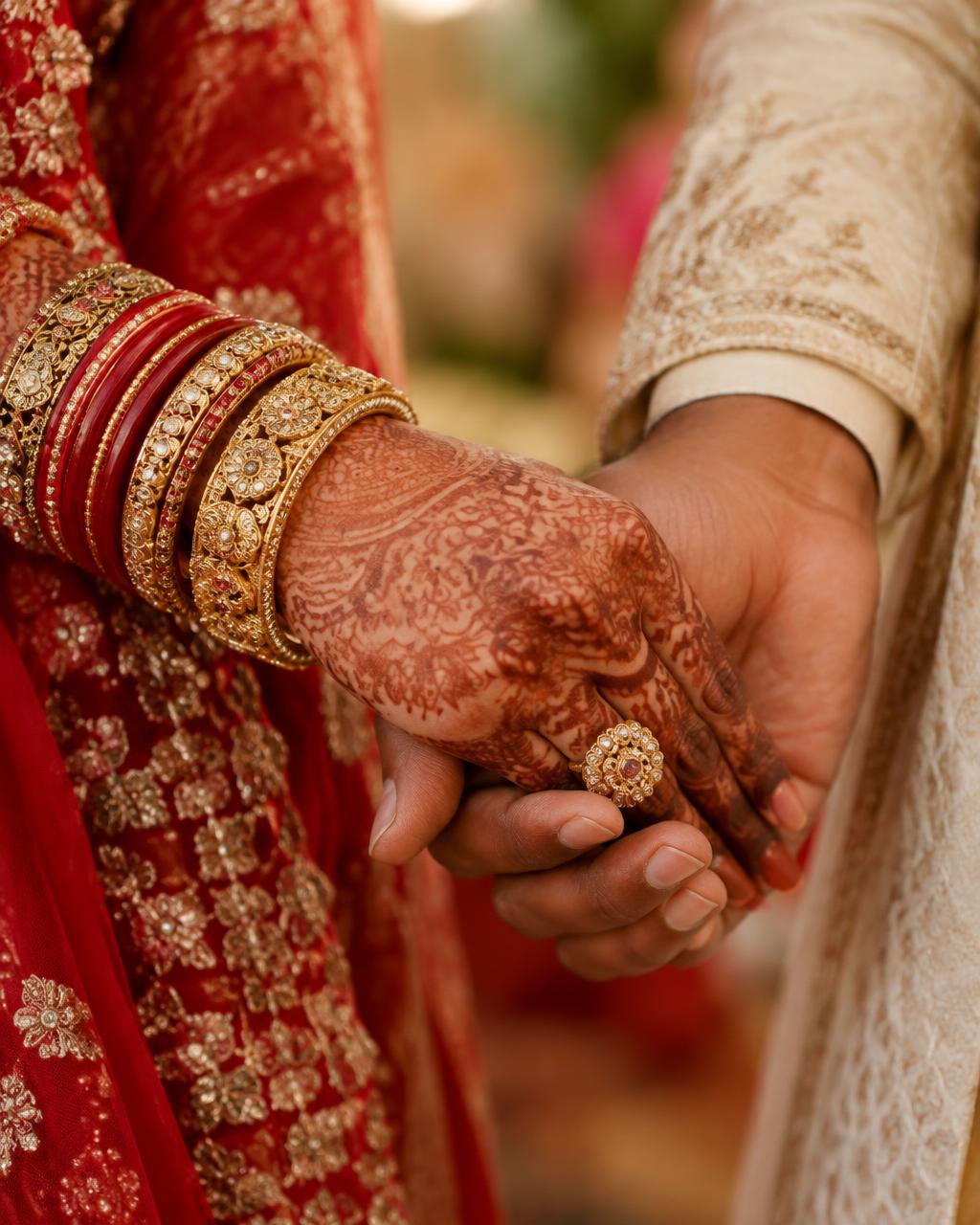 Henna-adorned hands of the bride holding the groom’s hand