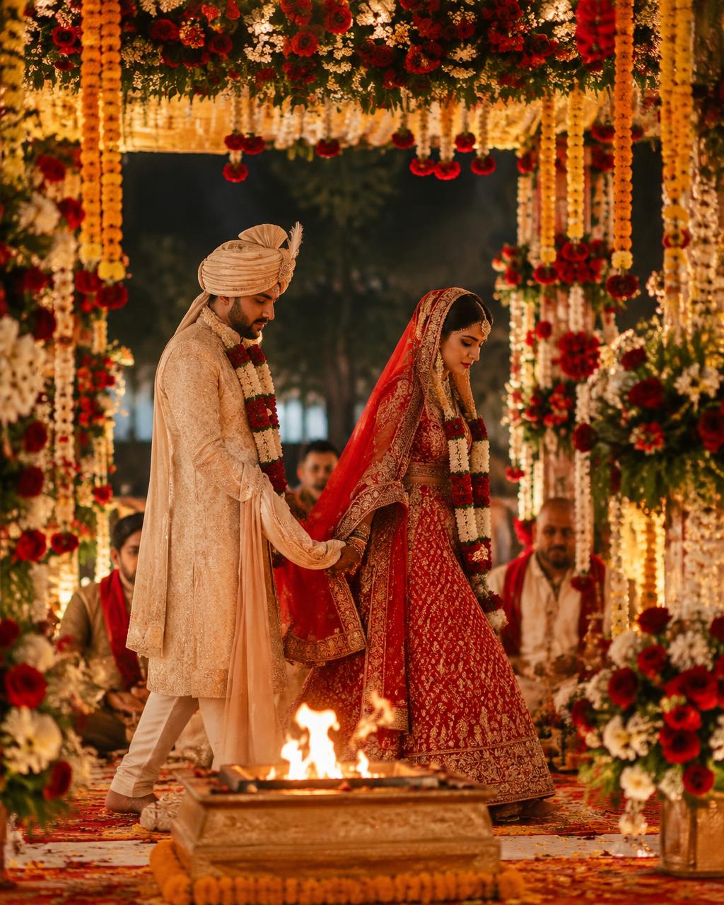 Couple taking pheras around the sacred fire under a floral mandap