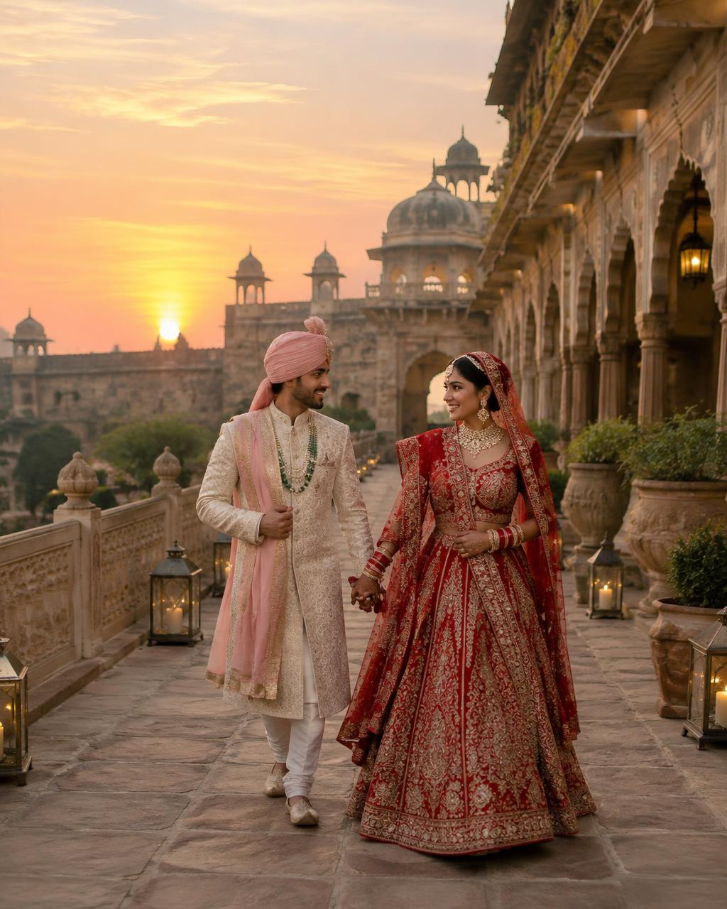 Couple walking hand in hand through a palace courtyard at sunset